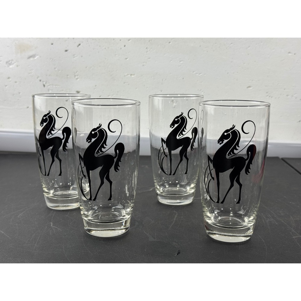 Vintage Prancing Black Horse Silhouette Clear Glass Tumblers Set of 4 MCM